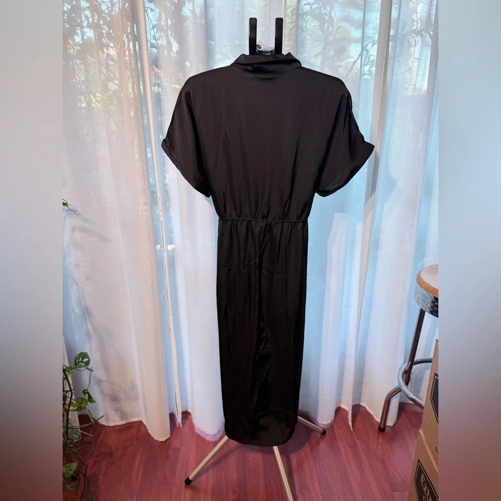 NWT BTFBM Black Button-Up Satin Maxi Dress Tie Front Pleated Midi Size XL - Picture 6 of 7